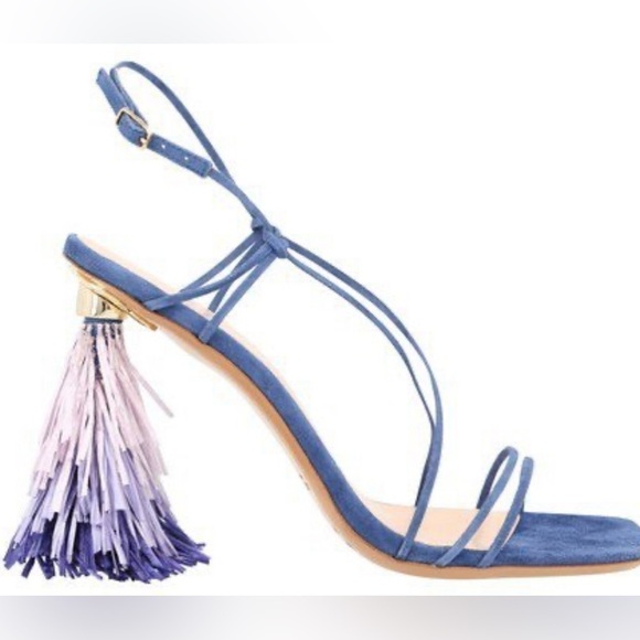 RARE Jacquemus raphia embellished strappy suede sandal in blue purple - Picture 8 of 12